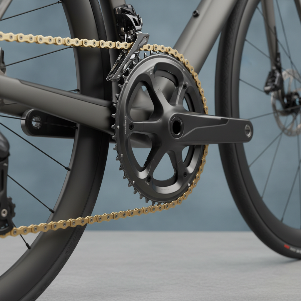 A detailed close-up of a high-performance bicycle drivetrain, featuring a gleaming gold-finished chain wrapped around a precision-machined cassette and crankset on a matte charcoal frame. The textured rubber of the tire and the brushed metal of the derailleur are sharply in focus, while the rest of the bike fades into a soft bokeh background. The setup rests on a neutral tabletop in a controlled studio environment. Cool, diffused overhead lighting highlights the fine machining marks and subtle branding on each component, creating a technical, professional mood. Captured from a low, side angle in photographic realism, the composition emphasizes engineering quality, ideal for a product detail or parts category page.