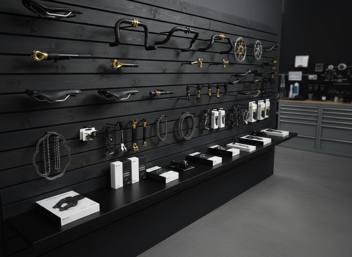 An organized wall display of premium bicycle spare parts and accessories, including neatly arranged gold-accented stems, handlebars, saddles, pedals, chains, and brake rotors mounted on a dark wooden slat wall. Below, a minimalist black workbench showcases boxed components with clean, professional packaging. The environment is a modern, tidy workshop with a smooth concrete floor and a faintly blurred background of tool cabinets. Soft, even studio-style lighting eliminates harsh shadows while creating gentle reflections on metal surfaces. Photographic realism, shot from a slightly elevated, wide-angle perspective using the rule of thirds, conveys a sense of order, professionalism, and comprehensive product offering for an accessories overview section.